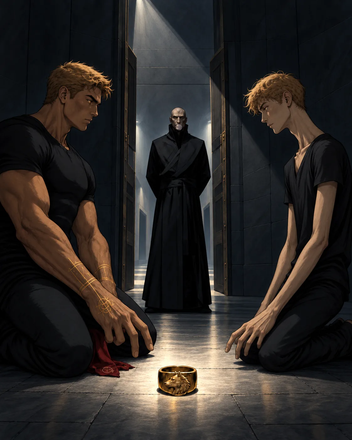 Two young men kneel opposite each other before a robed figure in a doorway, with a gold wolf ring between them.