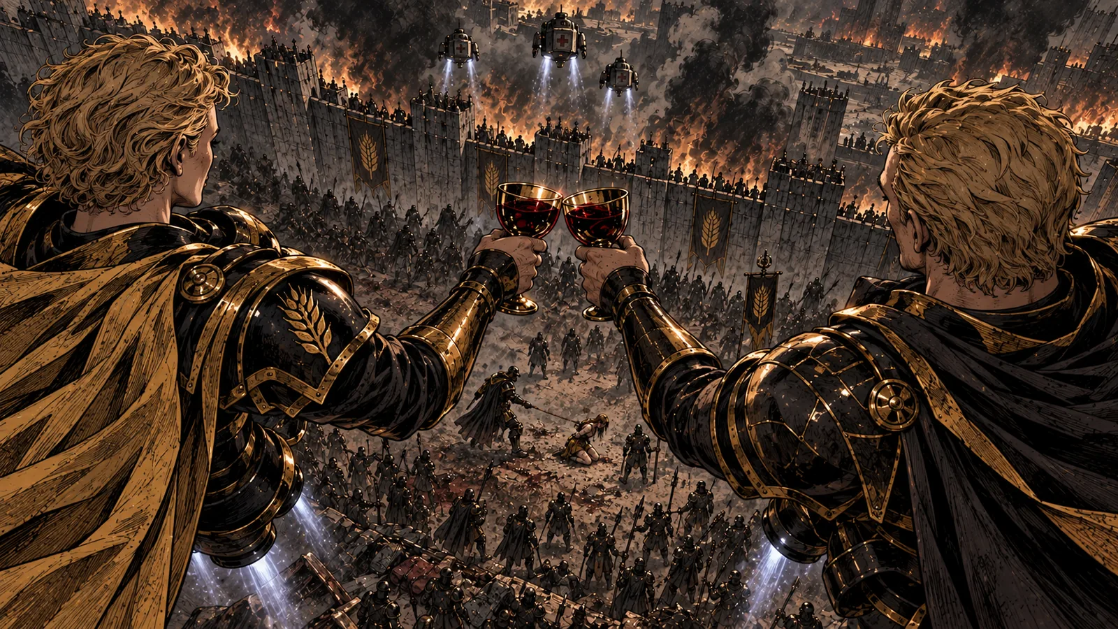 Two armoured figures toast above a burning battlefield as soldiers fight below.