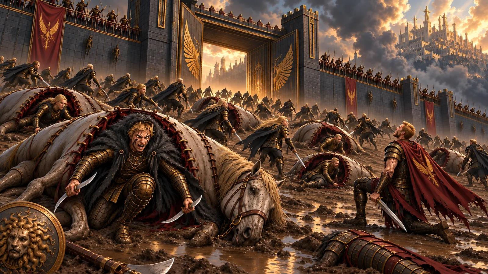 A battle-worn soldier points towards a fortified gate as cavalry and infantry surge through the breach.