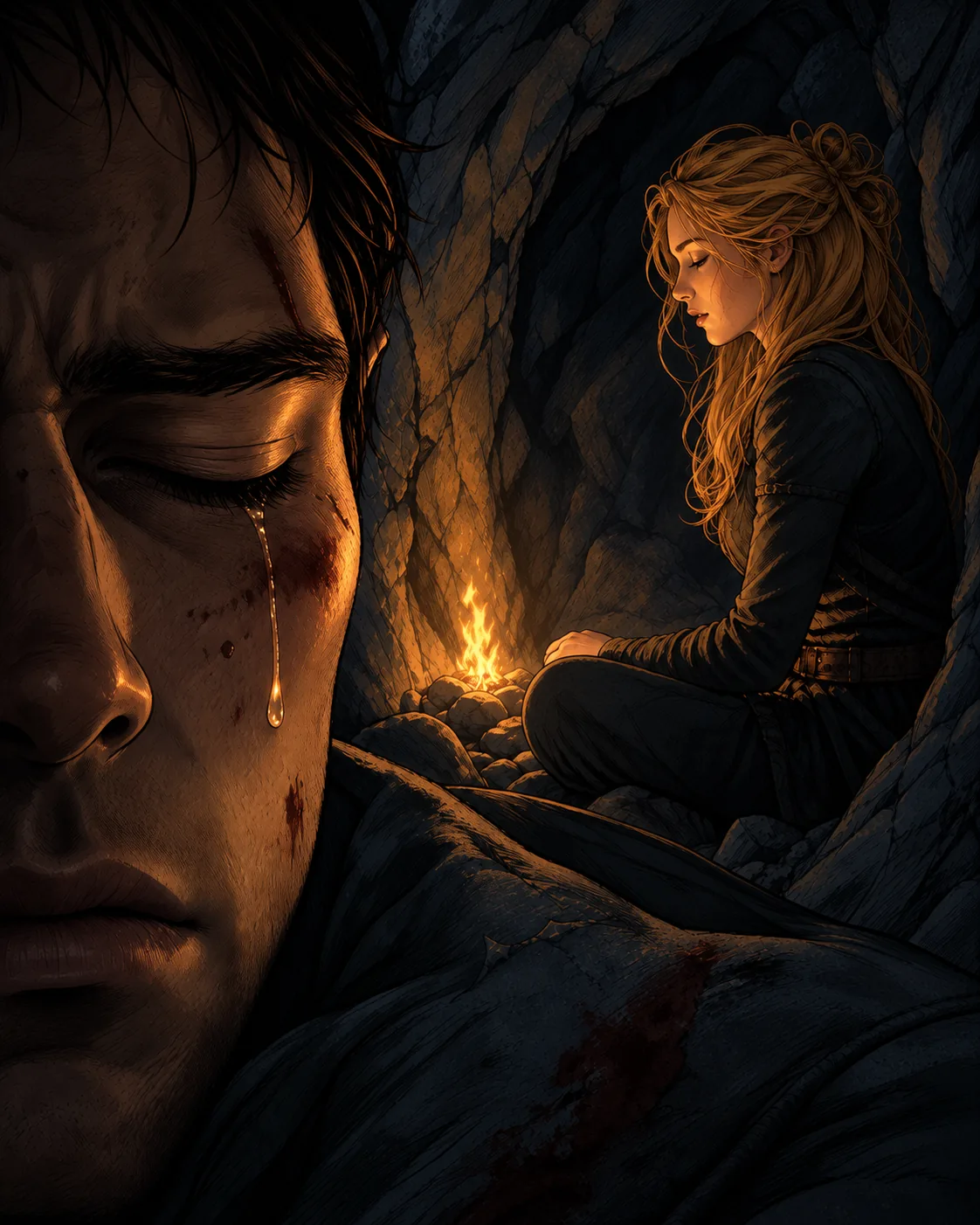 A tearful young man fills the foreground while a blonde woman sits beside a small fire in a cave.