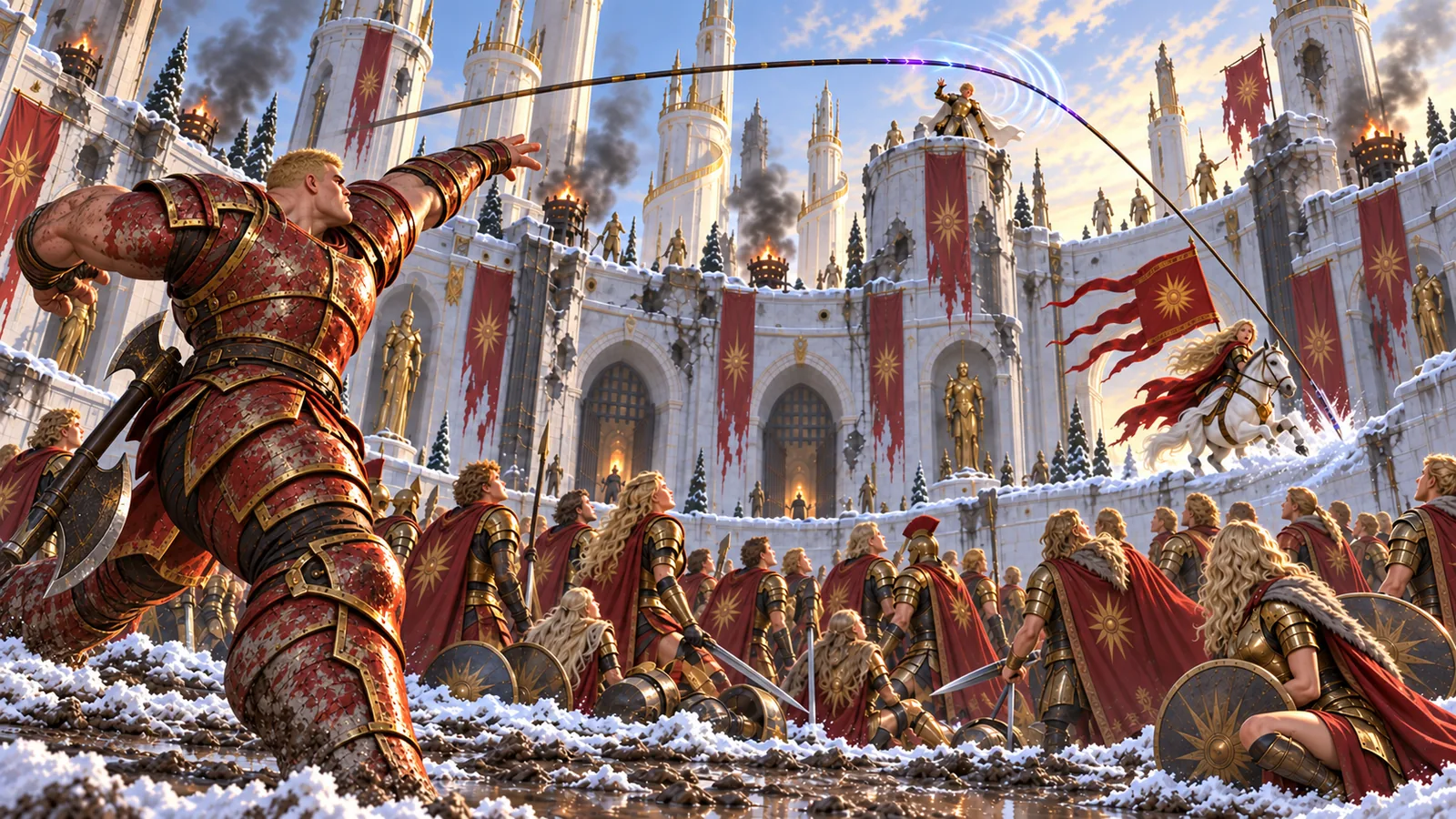 A large armoured warrior deflects a spear with a curved energy arc as a red-cloaked rider watches from the snowy courtyard.