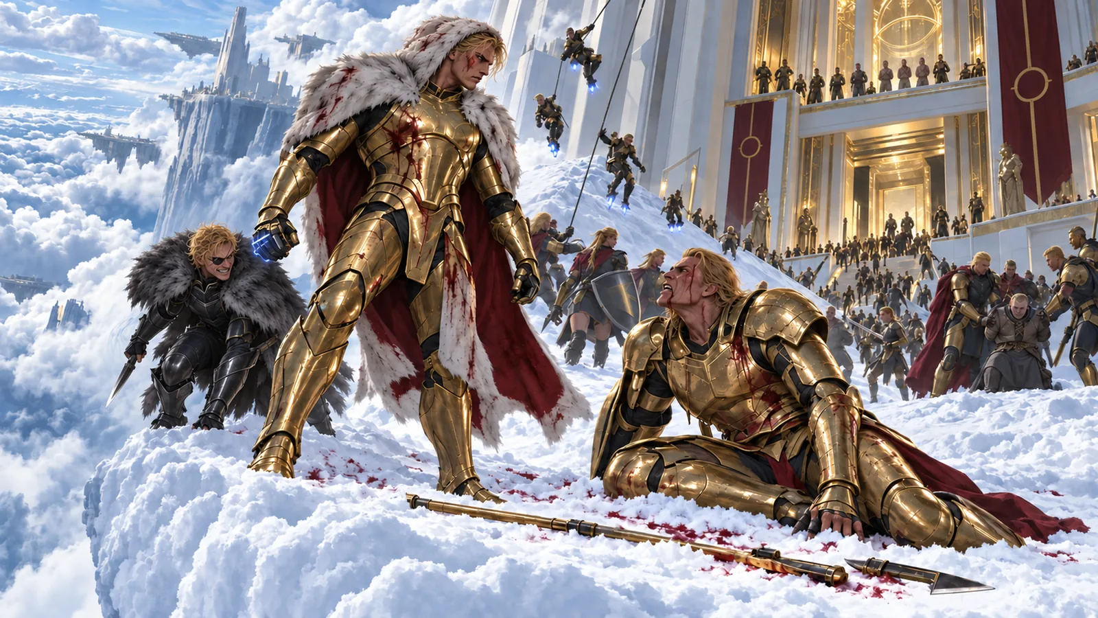 A wide Olympus battlefield shows Sevro in wolfskin at left, Gold-armoured fighters in the centre, and the assault rising towards Olympus behind them.