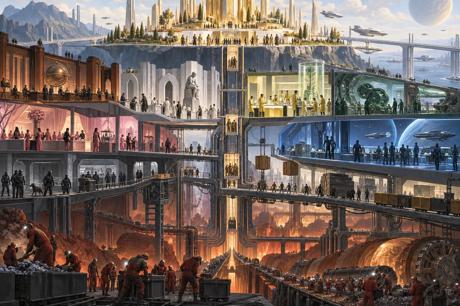 Vertical cutaway of Society life, from Red labour below through specialist Colours to Gold comfort above.