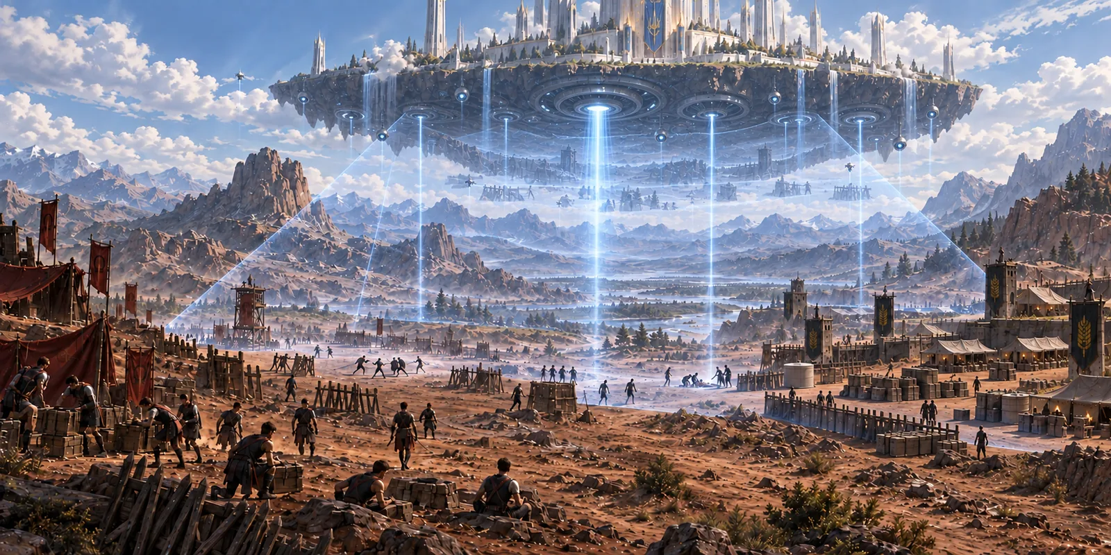 An artificial floating mountain called Olympus hangs above one austere Institute ground, its sensor array sending blue scans over students who keep working below.